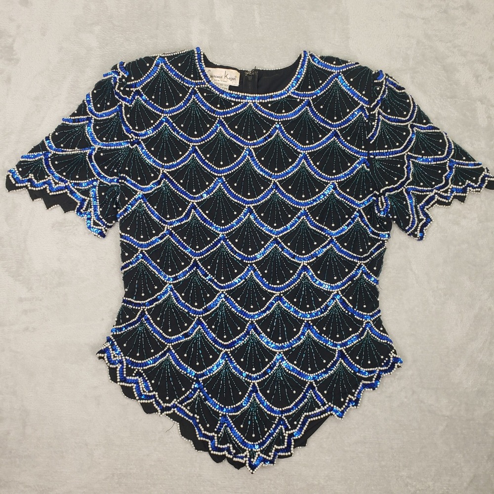 Vintage Laurence Kazar Beaded Sequin Embellished Pearl Silk Top Blouse Womens L
